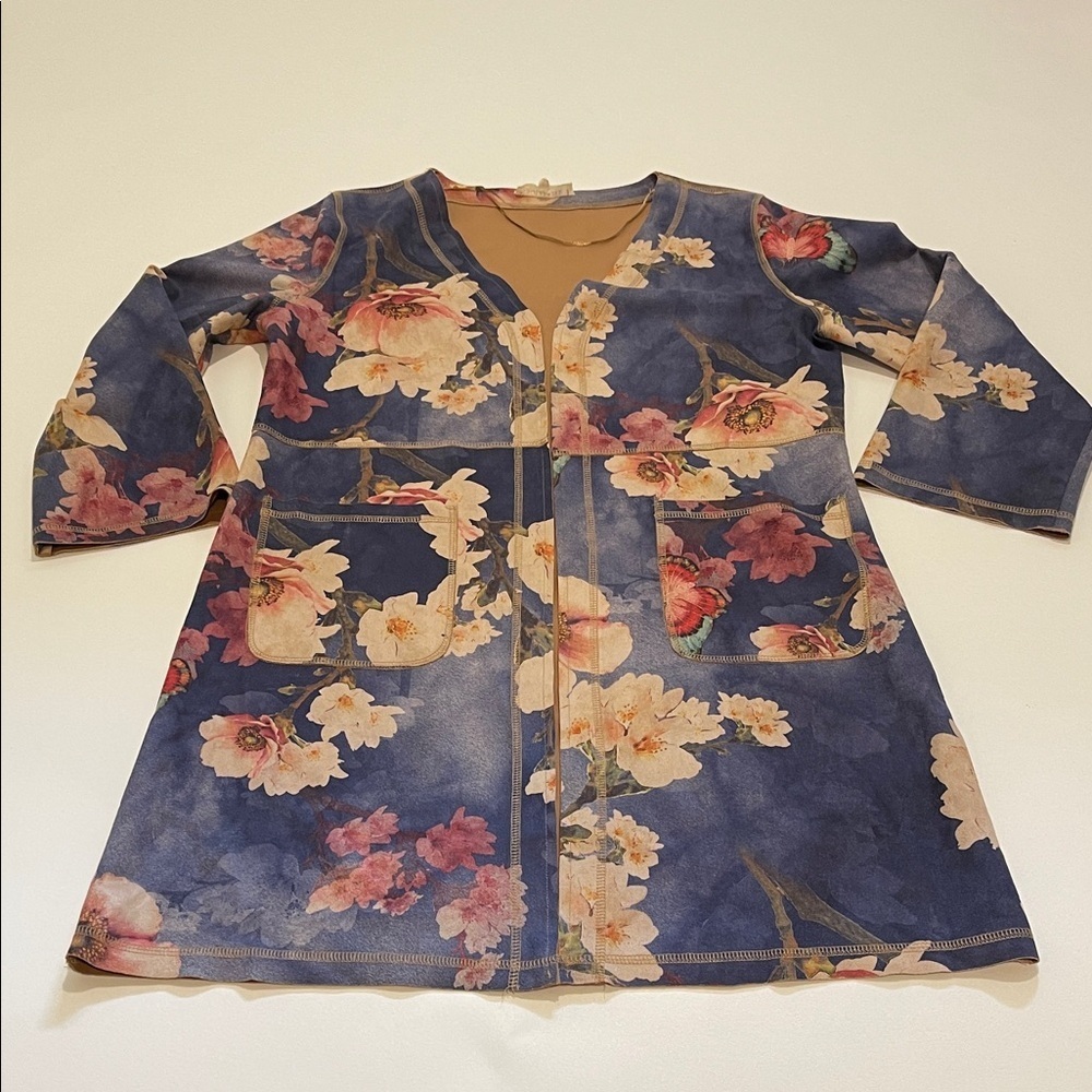 Solitaire Anthropologie Faux Suede Navy Floral Long Sleeve Long Open Jacket